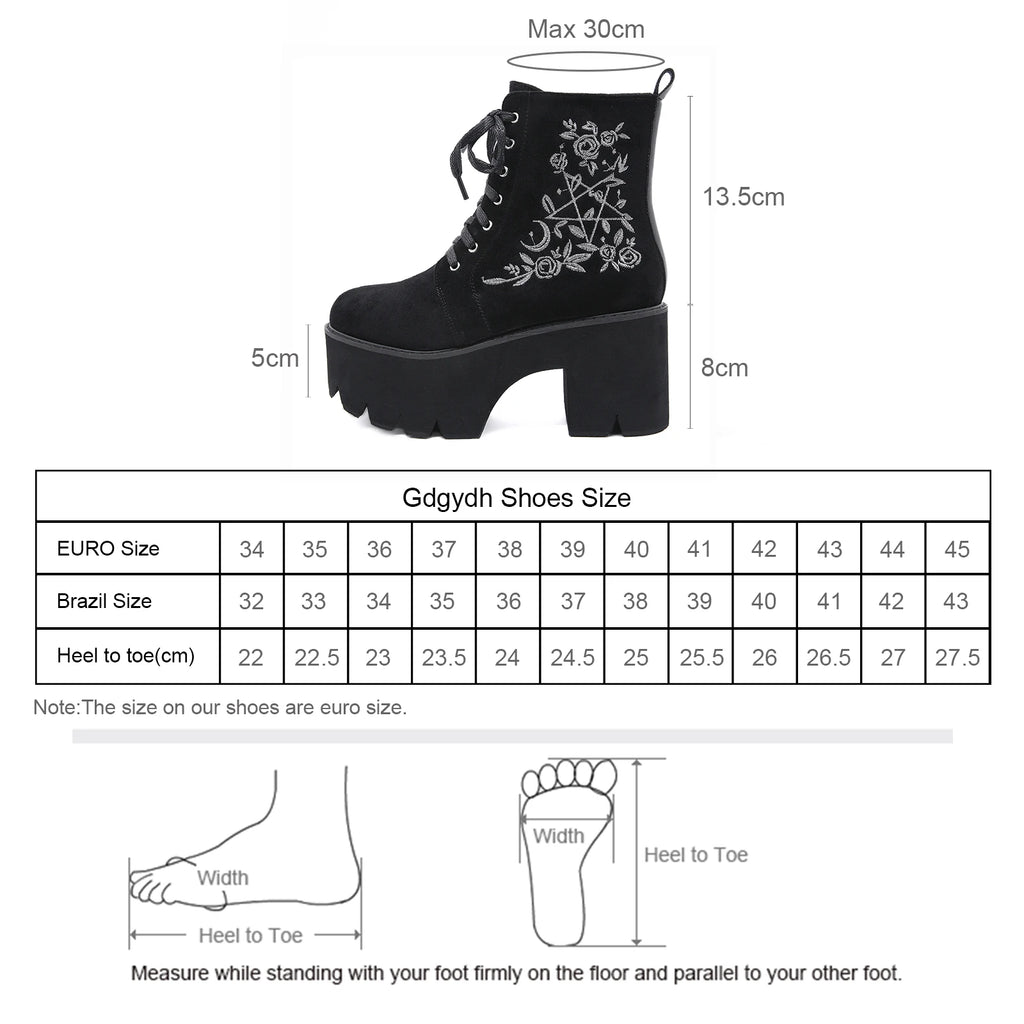 Gdgydh Women's Black Side Zipper Combat Boots Fashionable Lace Up Boots Platform Flower Embroidery Details Goth Shoes
