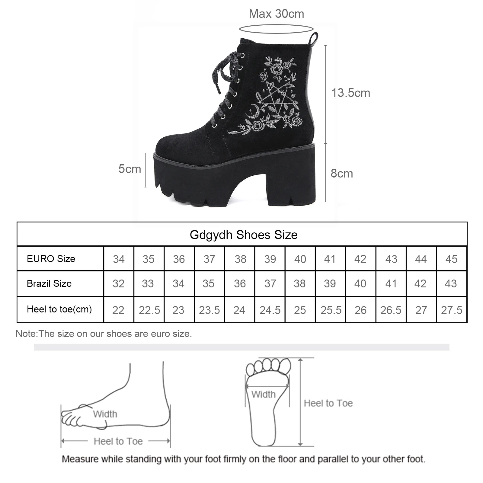Gdgydh Women's Black Side Zipper Combat Boots Fashionable Lace Up Boots Platform Flower Embroidery Details Goth Shoes