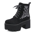 Gdgydh Women's Black Side Zipper Combat Boots Fashionable Lace Up Boots Platform Flower Embroidery Details Goth Shoes