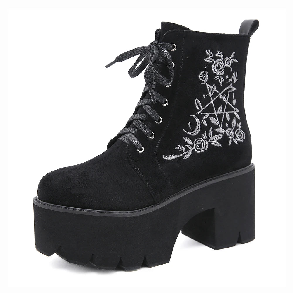 Gdgydh Women's Black Side Zipper Combat Boots Fashionable Lace Up Boots Platform Flower Embroidery Details Goth Shoes