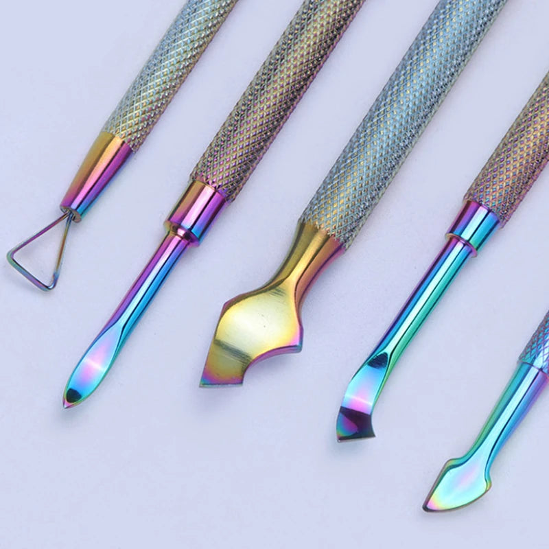 Rainbow Stainless Steel Nail Cuticle Pusher Tweezer Nail Art Files UV Gel Polish Remove Manicure Care Groove Clean Tool