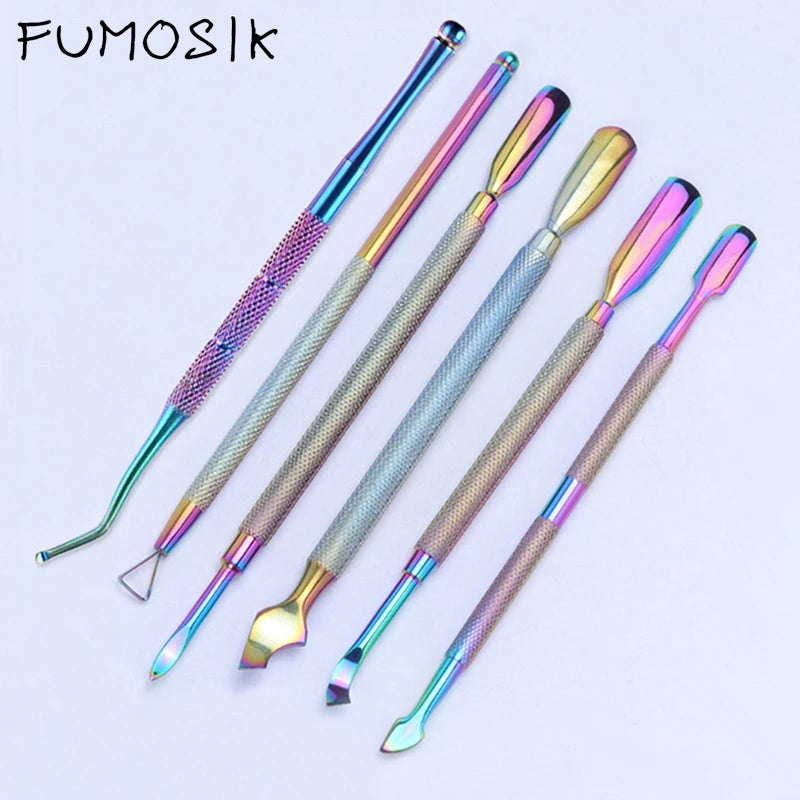 Rainbow Stainless Steel Nail Cuticle Pusher Tweezer Nail Art Files UV Gel Polish Remove Manicure Care Groove Clean Tool