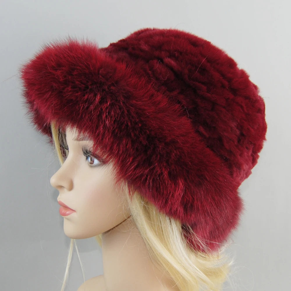 New Style Luxury Knitted Real Genuine Fox Fur Hats Women Beanies Solid Rex Rabbit Fur Caps Winter Lady Fashion Fur Skullies Hat