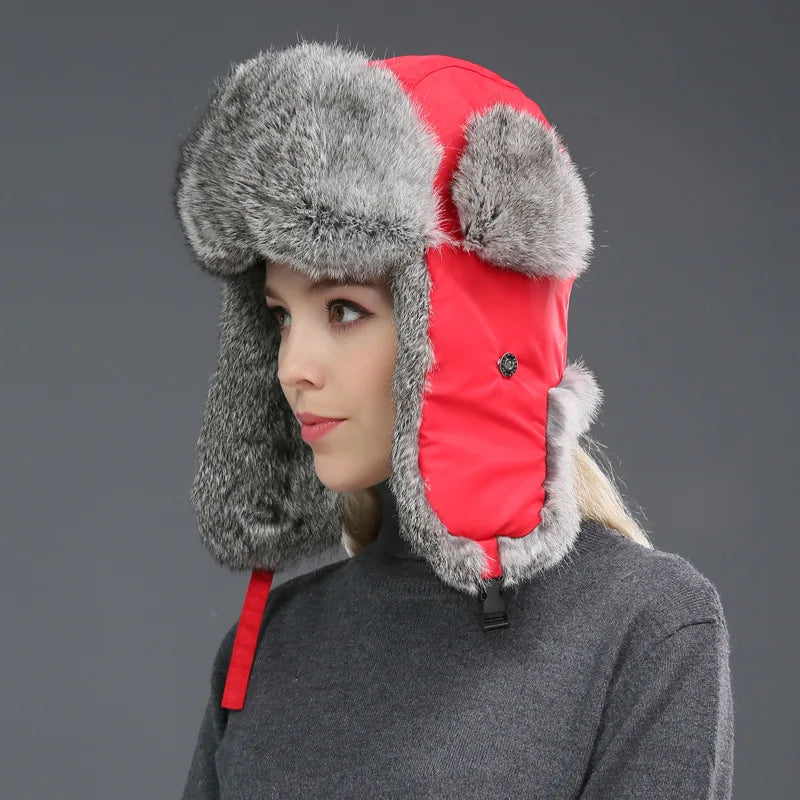 Russia Winter Real fur Hat Unisex Outdoor Windproof Super Warm Real Rabbit Fur Bomber Hats Natural Soft Natural Rabbit Fur Caps