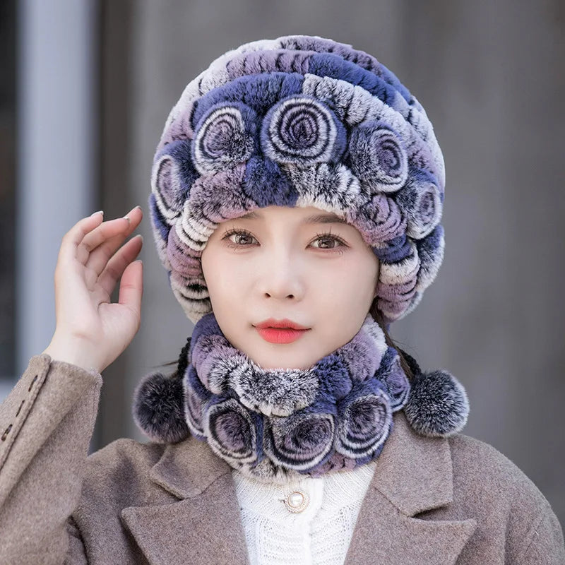 Hot Sale Women Warm Rex Rabbit Fur Hat Scarf Sets Winter Lady Knit Fur Hats Muffler 2 Pieces Natural Rex Rabbit Fur Cap Scarves