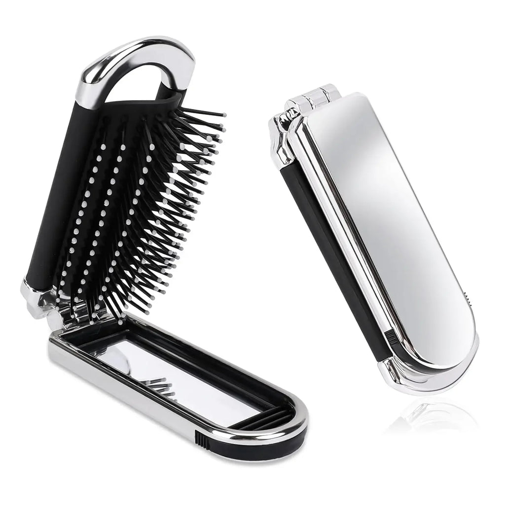 Foldable Comb with Detachable Makeup Mirror, 2-in-1 Function, Portable Air Cushion Massage Comb for Women.