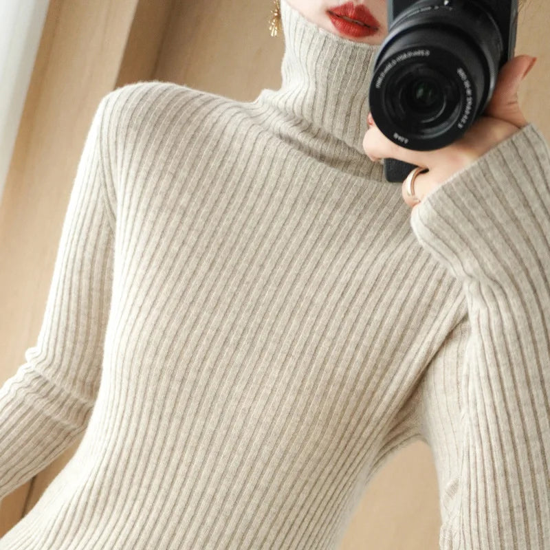 2025 Spring Autumn Winter Women's Cashmere Sweater Turtleneck Pullover Slim Solid Color High-quality Warmth Comfort Knitwears