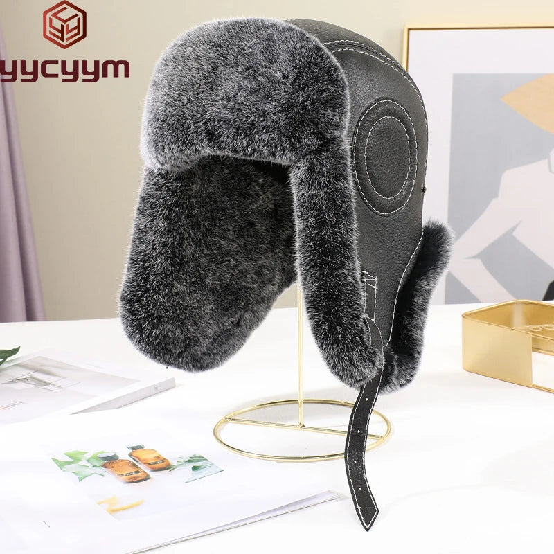 2025 Fashion Men's 100% Natural Rex Rabbit Fur Bomber Hats Winter Russian Man Warm Real Sheepskin Leather Hat Male Real Fur Caps