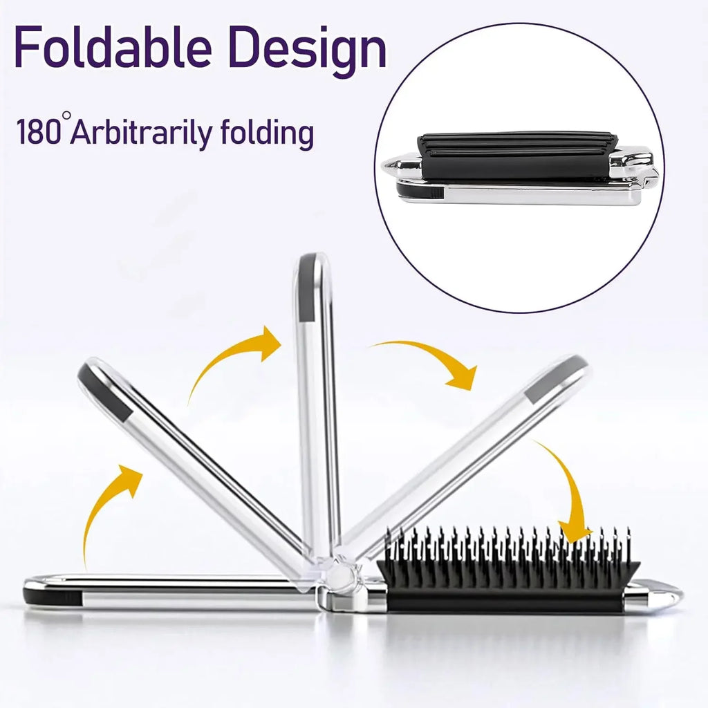Foldable Comb with Detachable Makeup Mirror, 2-in-1 Function, Portable Air Cushion Massage Comb for Women.