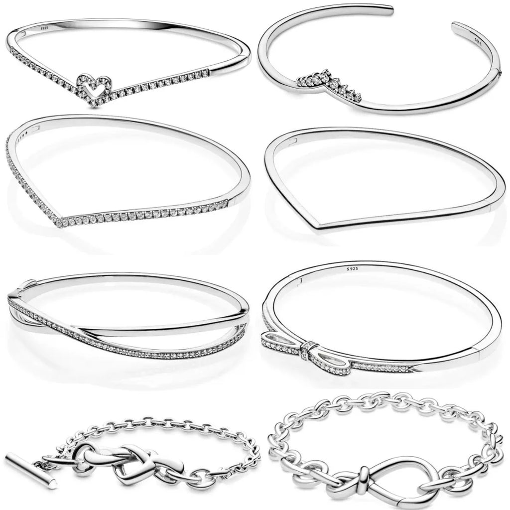 100% 925 sterling silver Elegant temperament heart opening design bow bracelet women's original DIY jewelry accessories gift