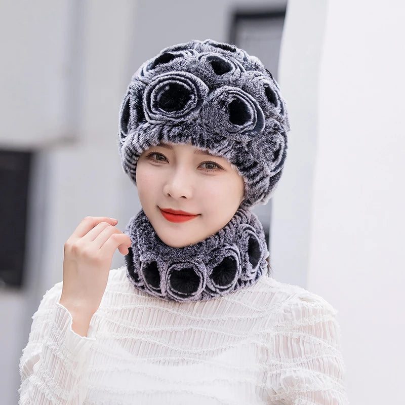 Winter Knitted 100% Natural Fur Hats Scarves Sets Women Warm Real Rex Rabbit Fur Hat Scarf Lady Fashiom Thick Rex Rabbit Fur Hat