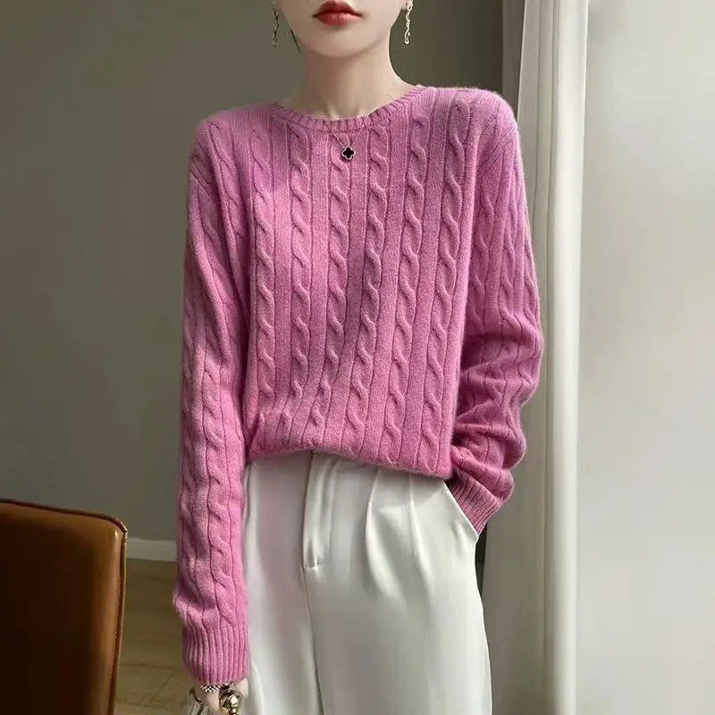 Autumn And Winter New Thick Wool Knitted Sweater Solid Color Round Neck Twist Loose Fashion Knitted Bottoming Shirt Top