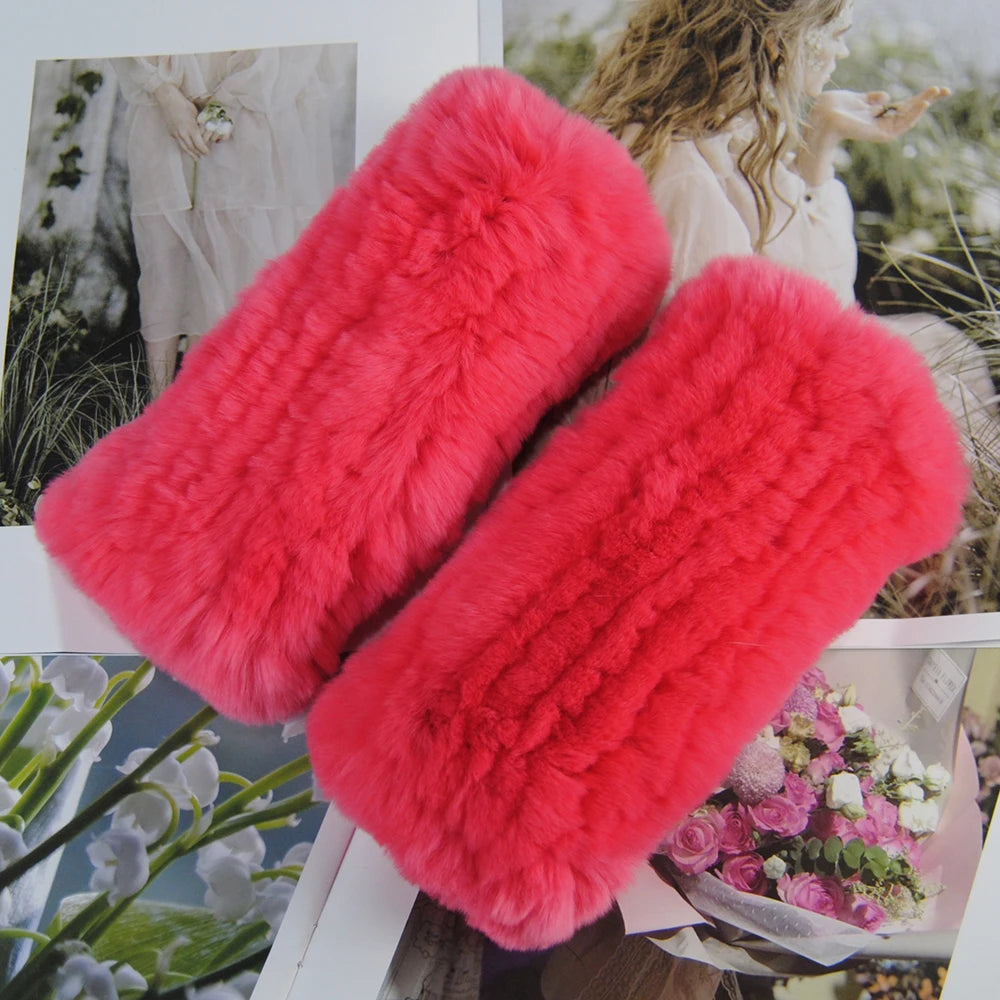2025 Fashion Real Rex Rabbit Fur Women's Winter Gloves Genuine Fur Mittens Girl Fingerless Gloves Wrist Warmer Elastic Fluffy
