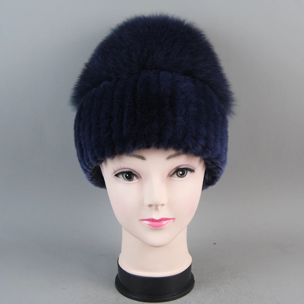 Female's Hat Good Elastic Natural Fluffy Real Fox Fur Hat New Winter Women Knitted Real Rex Rabbit Fur Hats Lady Real Fur Cap
