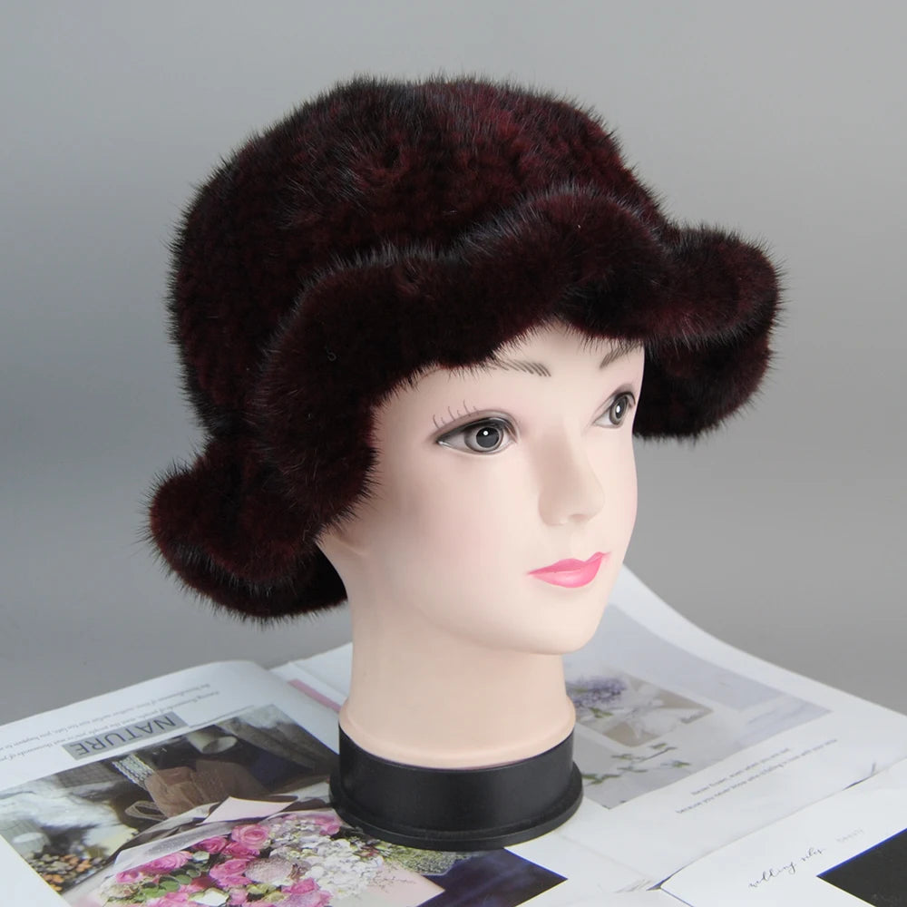 Women's Hat 2025 New Winter Real Mink Fur Hat Casual Luxury Flower Knitted Bucket Hat Pots Cap Lady Natural Mink Fur Cap Beanies