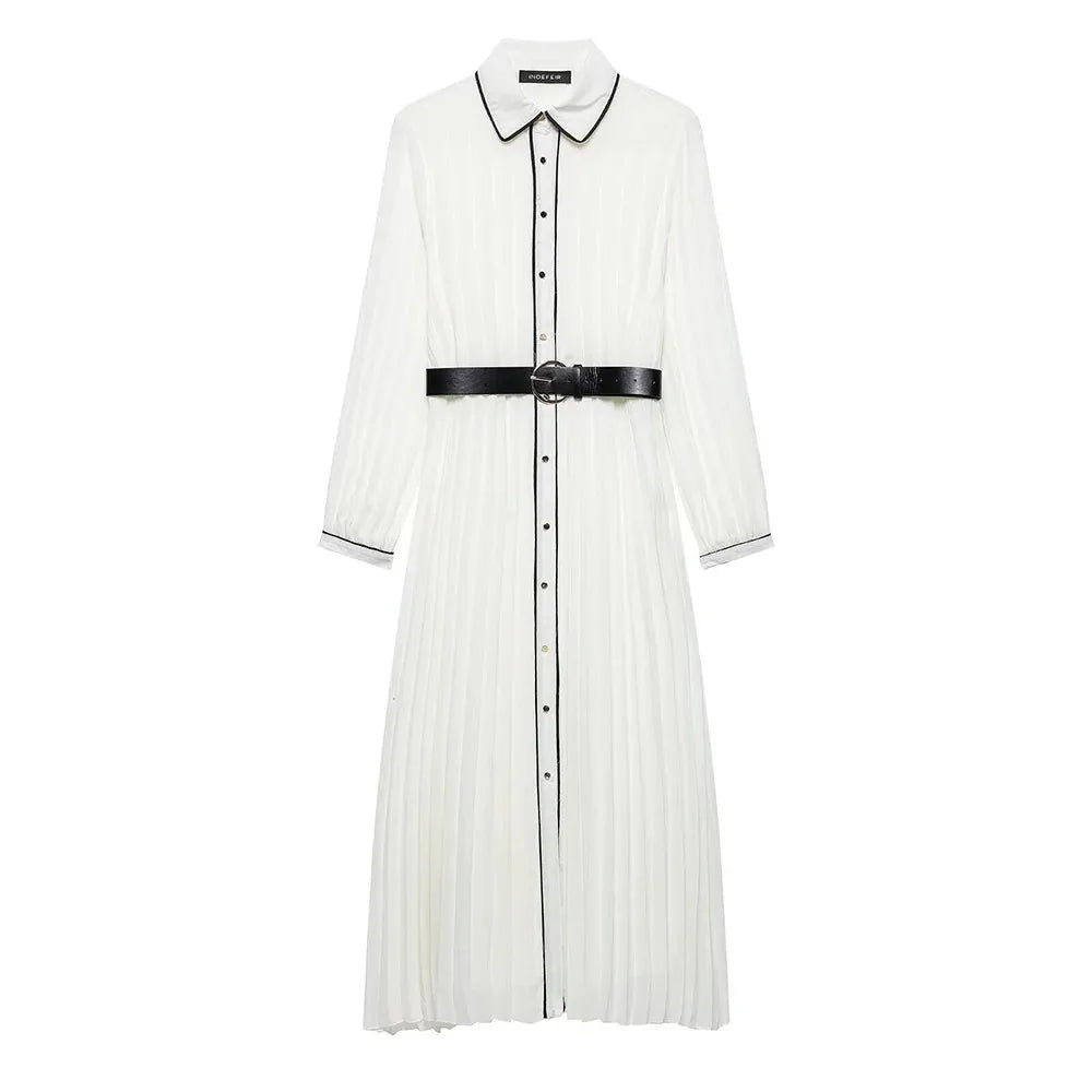 Women's Colourful Lapel Pleated Dress Corseted Long Sleeve Single Breasted (With Belt) Long Dress Elegant Women's Clothing