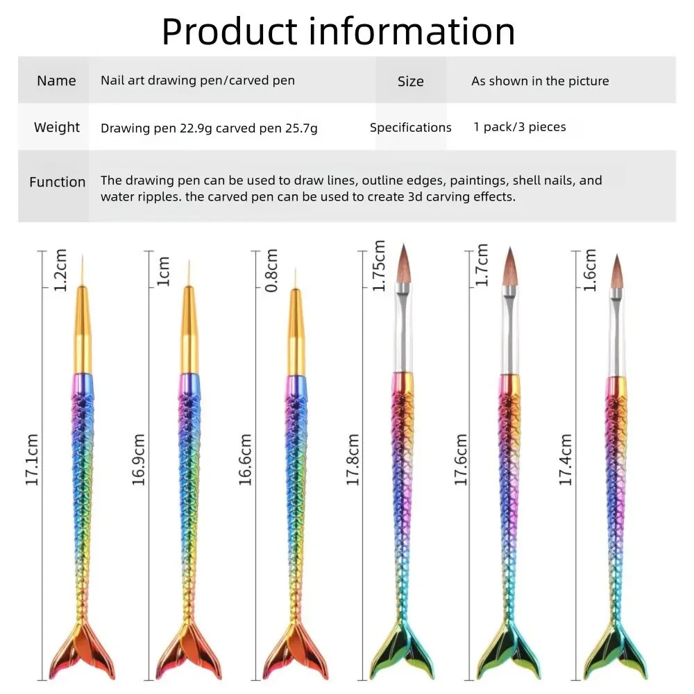 6-Piece New Mermaid Nail Art Brush Set, Professional Nail Painting Tools for Drawing/Outlining/Flower Designs/Carving
