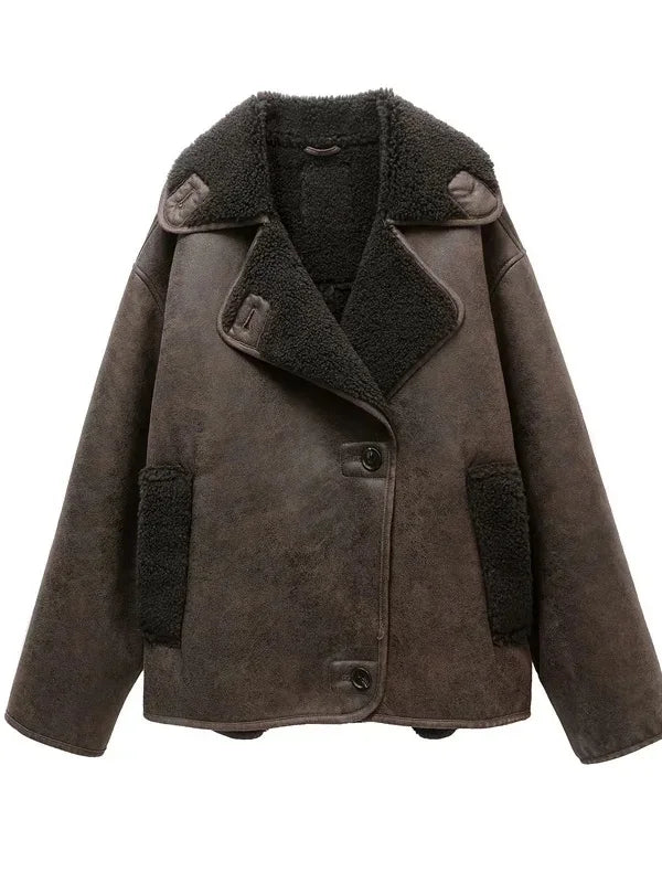 2025 Women's new thick jacket Vintage lapel leather jacket single breasted pocket street warm jacket