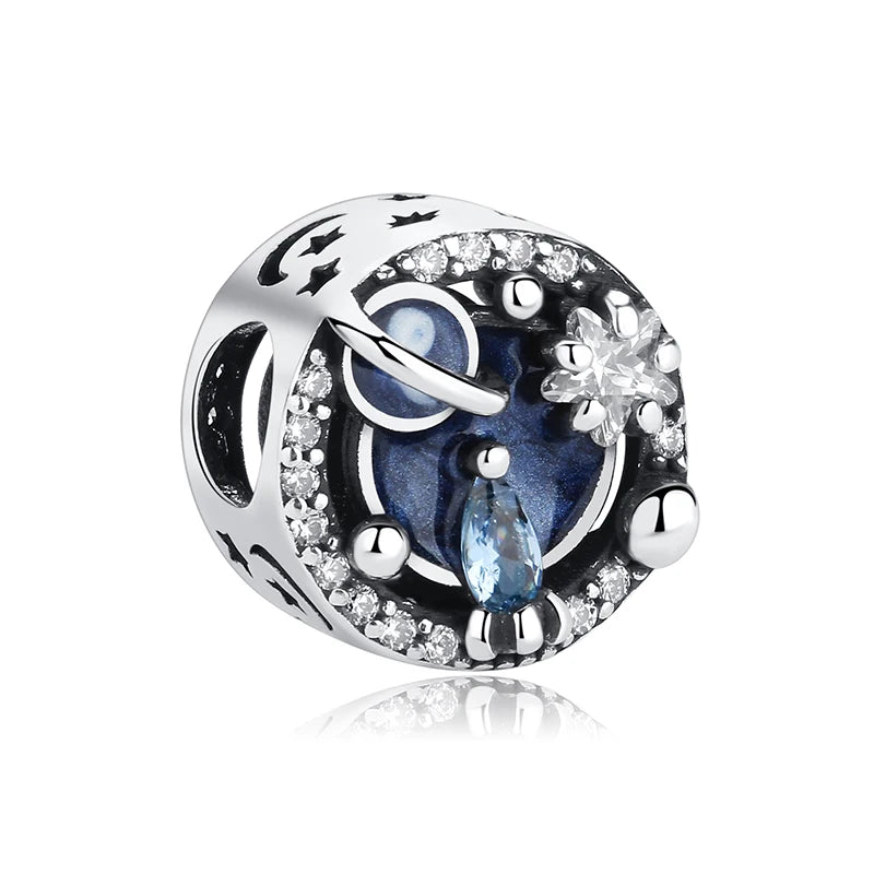 New Original 925 Sterling Silver Charms Star Moon Blue Crystal Glass Beads Fit Brand Bracelets Necklaces Jewelry For Women