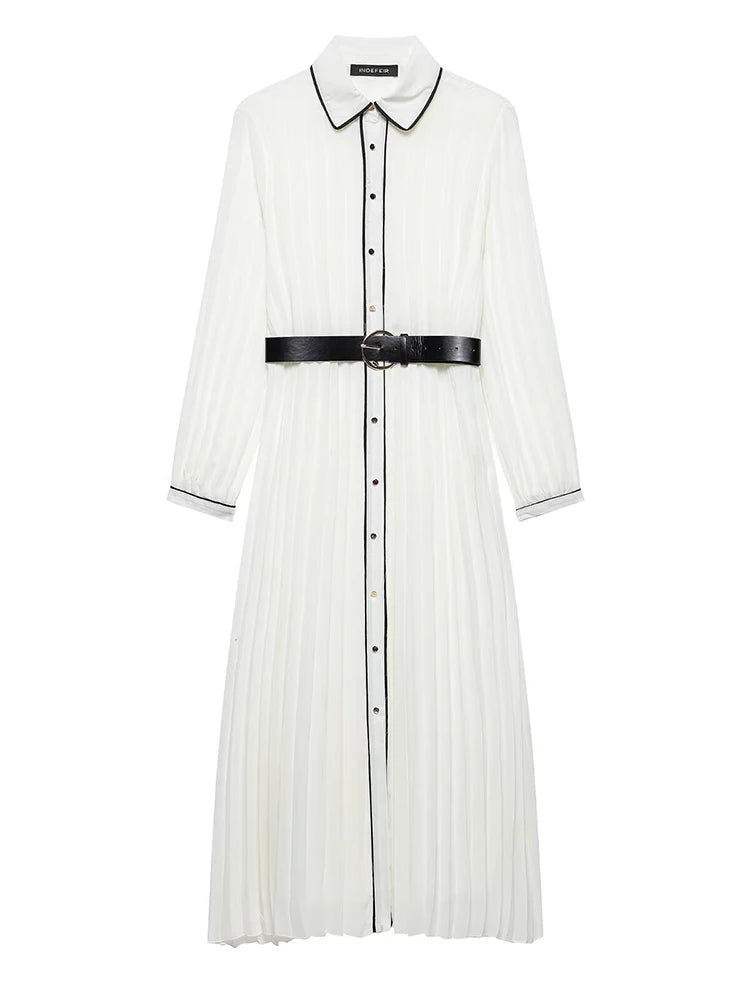 Women's Colourful Lapel Pleated Dress Corseted Long Sleeve Single Breasted (With Belt) Long Dress Elegant Women's Clothing