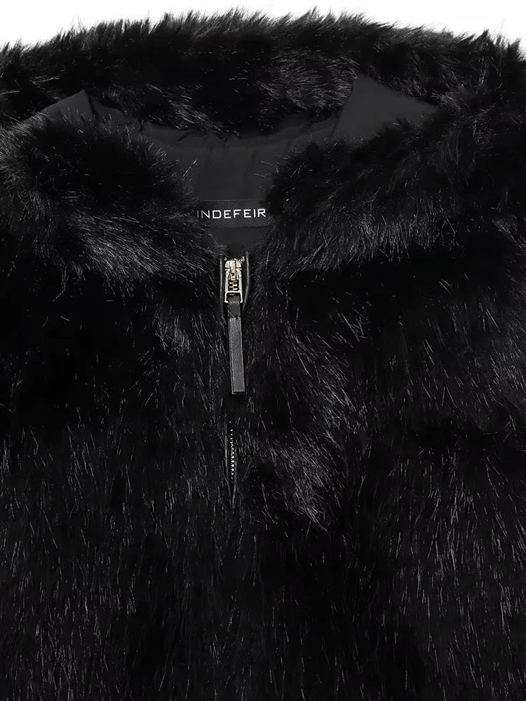 Women 2025 Winter New Hooded Short Faux Fur Jacket O Neck Women's Furry Jacket Long Sleeves Plush Coat Stylish Streetwear Top