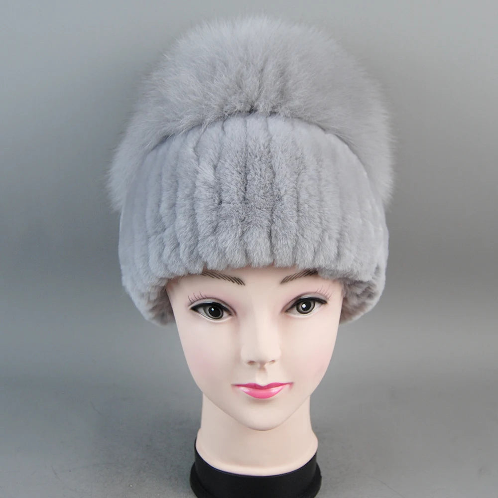 Female's Hat Good Elastic Natural Fluffy Real Fox Fur Hat New Winter Women Knitted Real Rex Rabbit Fur Hats Lady Real Fur Cap