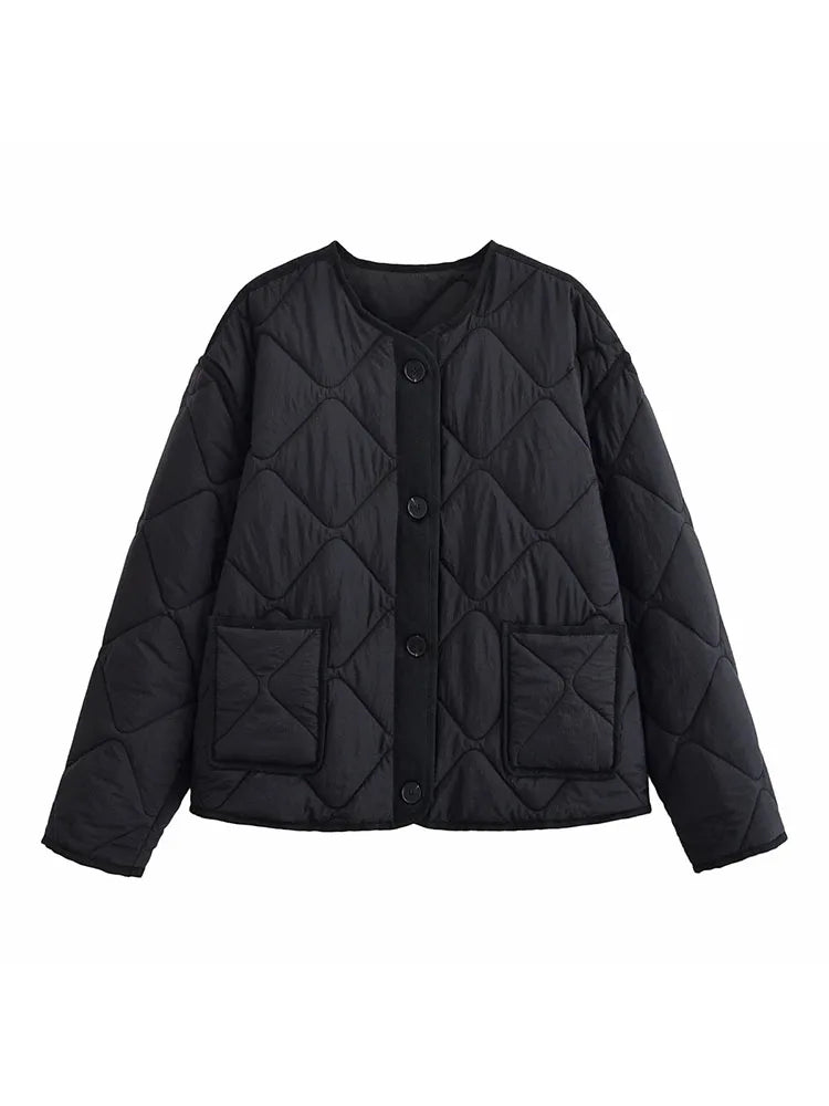Woman 2025 Autumn Comfy Outdoor Clothes High Street Pocket Simple Grid Jacket Vintage O-Neck Jackets Cotton-Padded Jacket