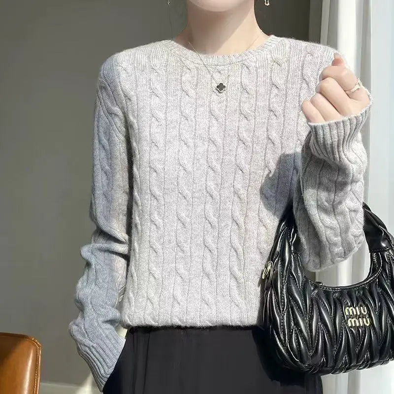Autumn And Winter New Thick Wool Knitted Sweater Solid Color Round Neck Twist Loose Fashion Knitted Bottoming Shirt Top