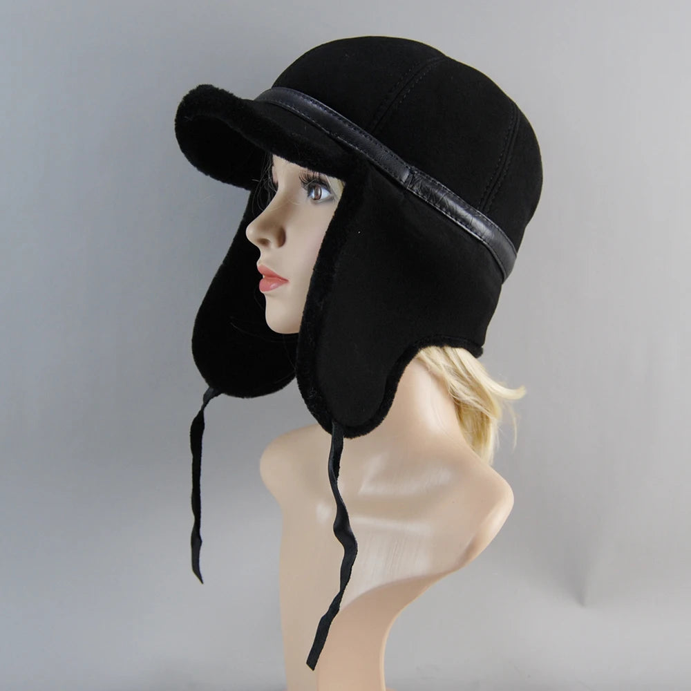 High Quality 2025 Winter Leather Hat Men Fur Lamb Wool Warm Thick Earflaps Bomber Hats Men's Baseball Cap Russian Hat