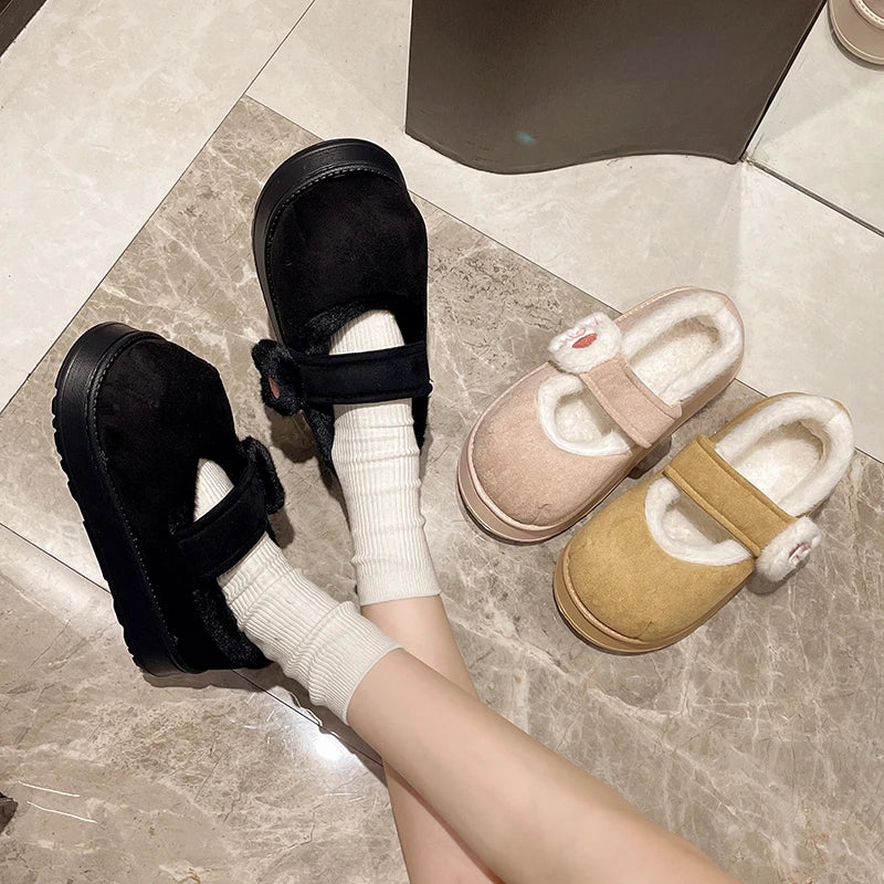 Cute Cat Paw Cotton Snow Boots Shoes With Winter Velvet Thick Sole Indoor Outdoor Shoes ForWarm Round Toe Ankle Boots