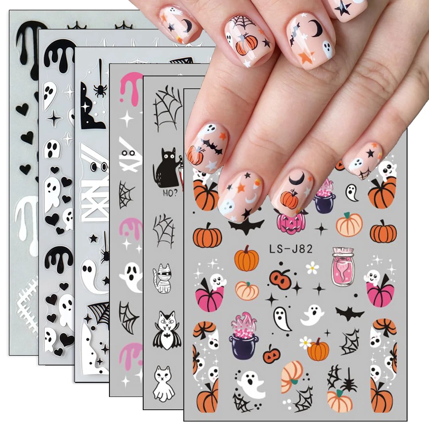 6-Sheet Halloween Nail Art Stickers Set - Holiday Party Nail Decals with Ghosts, Spider Webs & Festive Designs
