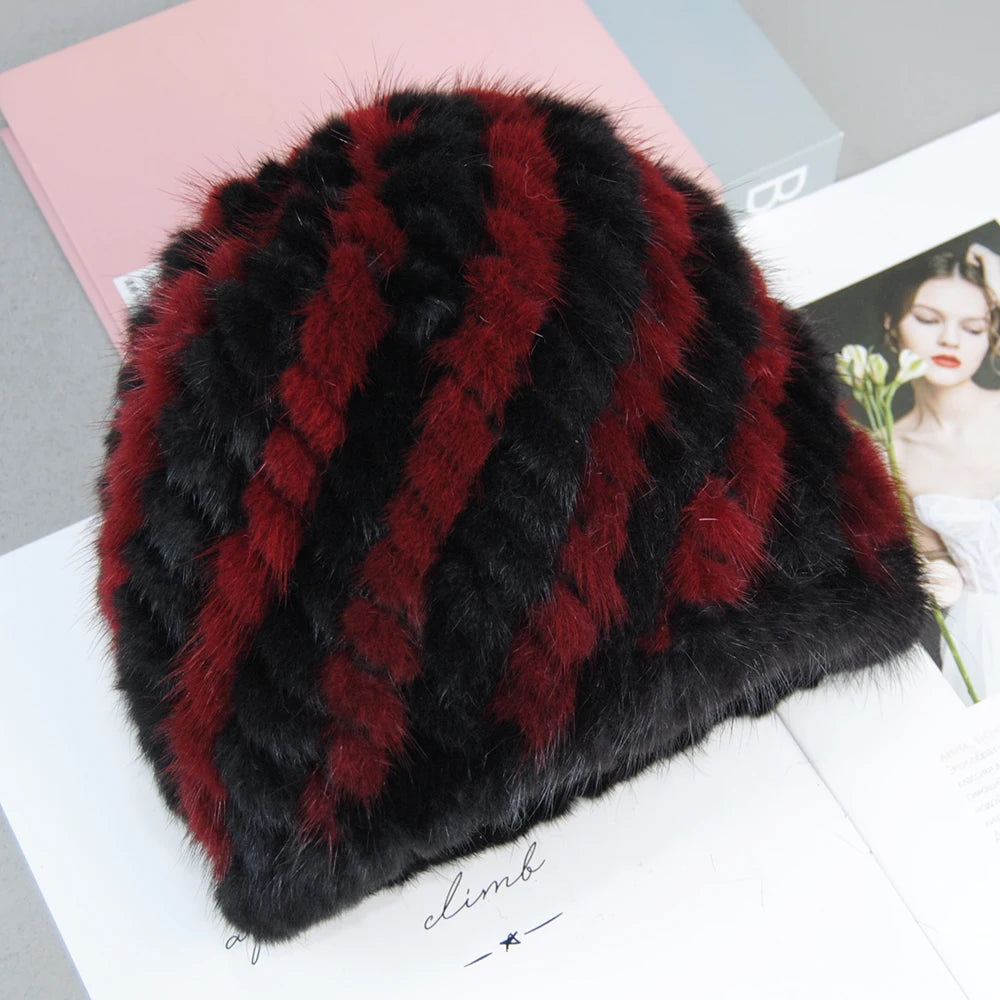 New Style Brand Fashion Genuine real natural women's knitted Mink Fur Hat Hand Made Knit Fashion Winter Headgear Berets cap