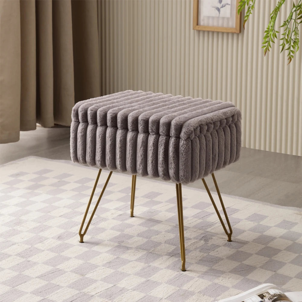 Chic Faux Fur Vanity Stool With Storage - Soft, Comfortable Ottoman Chair For Makeup & Relaxation With Ottoman Chair For Vanity