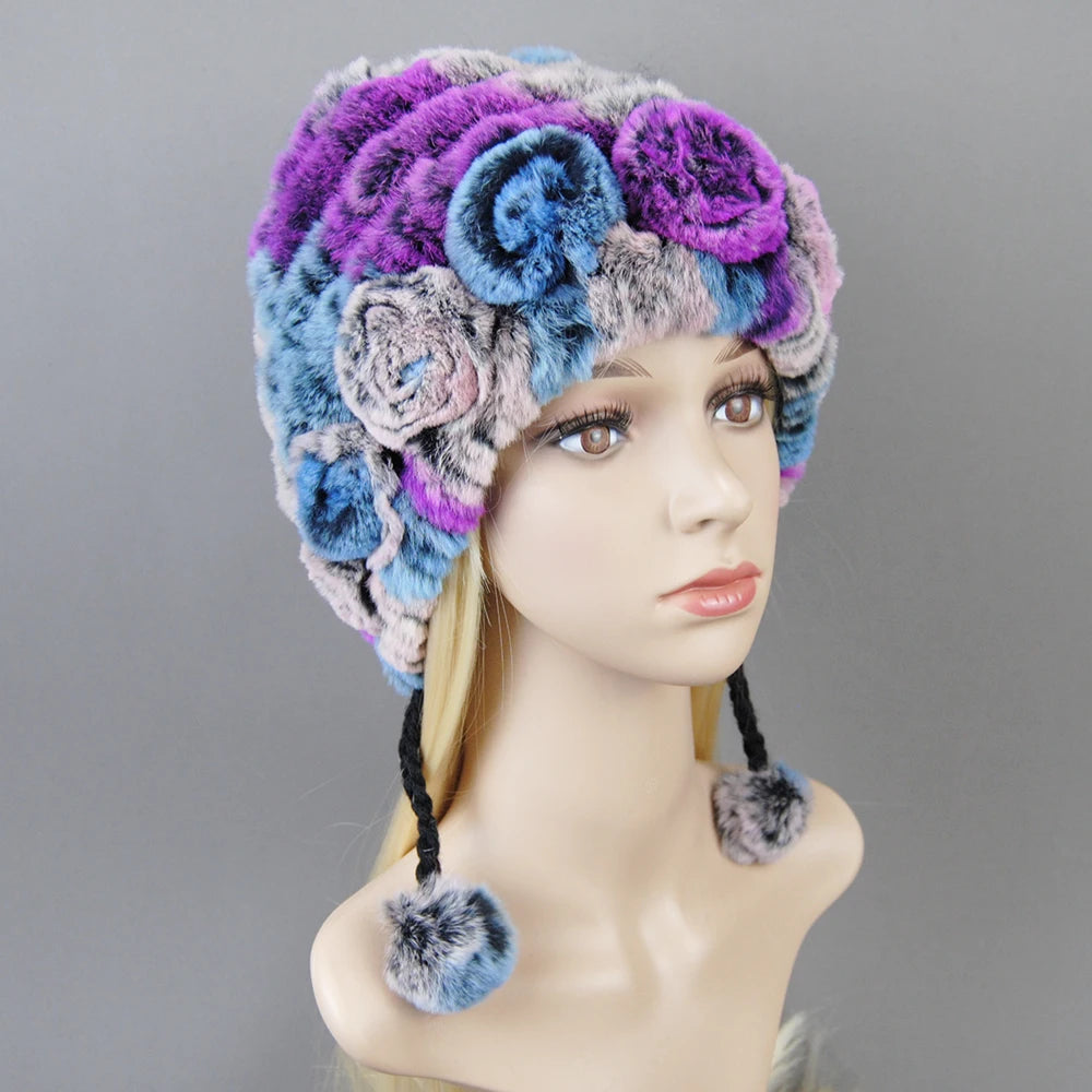 Hot Sale Women Warm Rex Rabbit Fur Hat Scarf Sets Winter Lady Knit Fur Hats Muffler 2 Pieces Natural Rex Rabbit Fur Cap Scarves