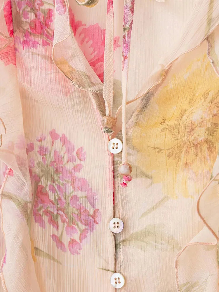 Women's Casual Chic Women Blouse Print Tierred V-Neck Long Flare Sleeve Loose Shirts New Fashion 2025 Autumn Blouses