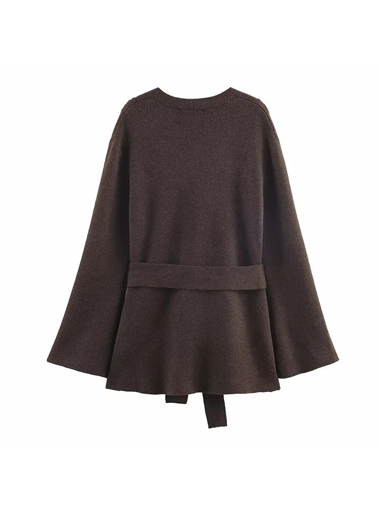 Women's New Vintage Loose Sweater Cardigan Women Casual V-Neck Long Sleeve With Belt Brown Coats Lady Solid Street Outwear