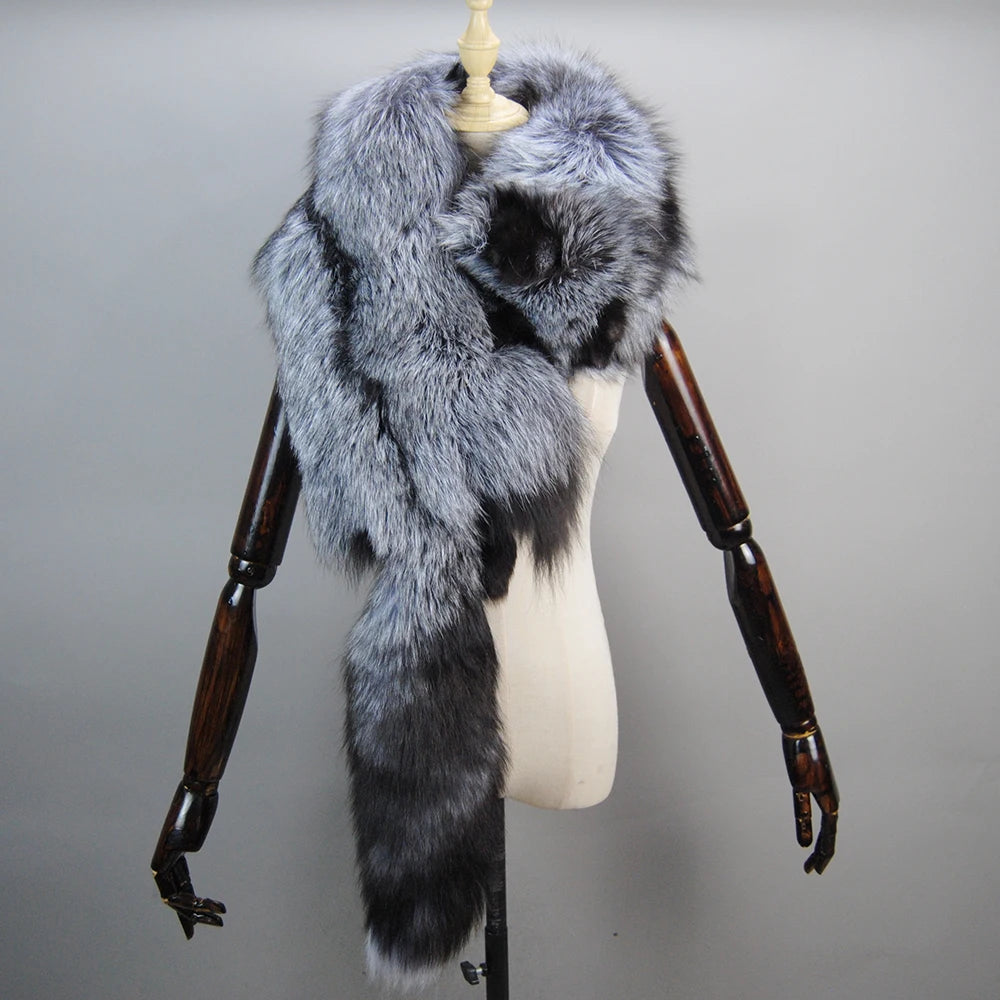 2025 Men's Real Fur Fox Scarf Woman Winter Warm Natural Fur Shawl Soft Headscarf Super big Gray Silver Fox Scarf Fur Accessories