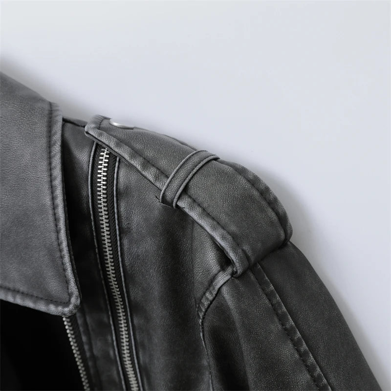2025 Women's new short make old effect imitation leather motorcycle jacket jacket women's washed gray leather coat