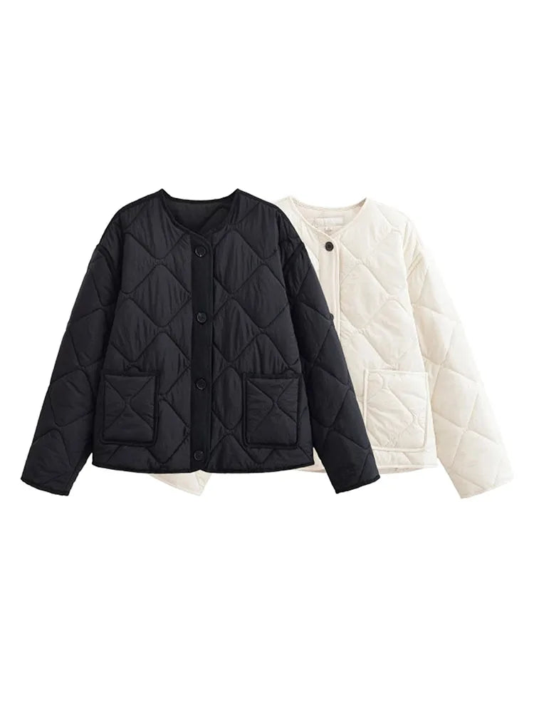 Woman 2025 Autumn Comfy Outdoor Clothes High Street Pocket Simple Grid Jacket Vintage O-Neck Jackets Cotton-Padded Jacket