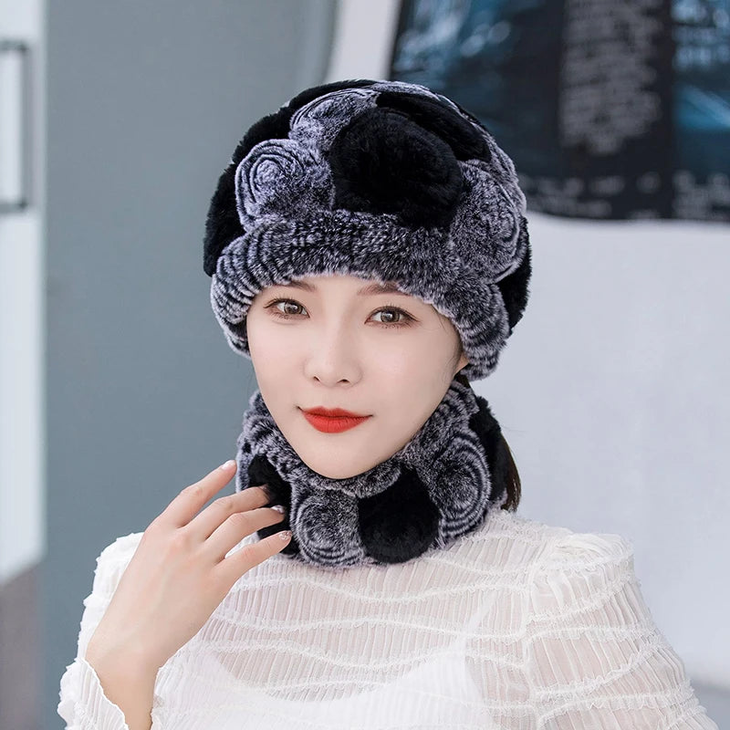 Winter Knitted 100% Natural Fur Hats Scarves Sets Women Warm Real Rex Rabbit Fur Hat Scarf Lady Fashiom Thick Rex Rabbit Fur Hat
