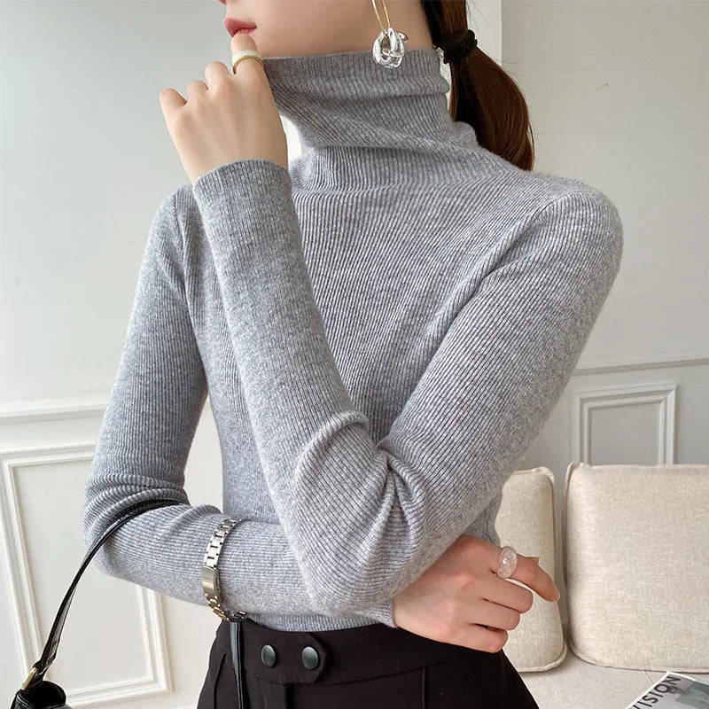 Women Heaps Collar Turtleneck Sweaters Autumn Winter Slim Pullover Women Basic Tops Casual Soft Knit Sweater Soft Warm Jumper