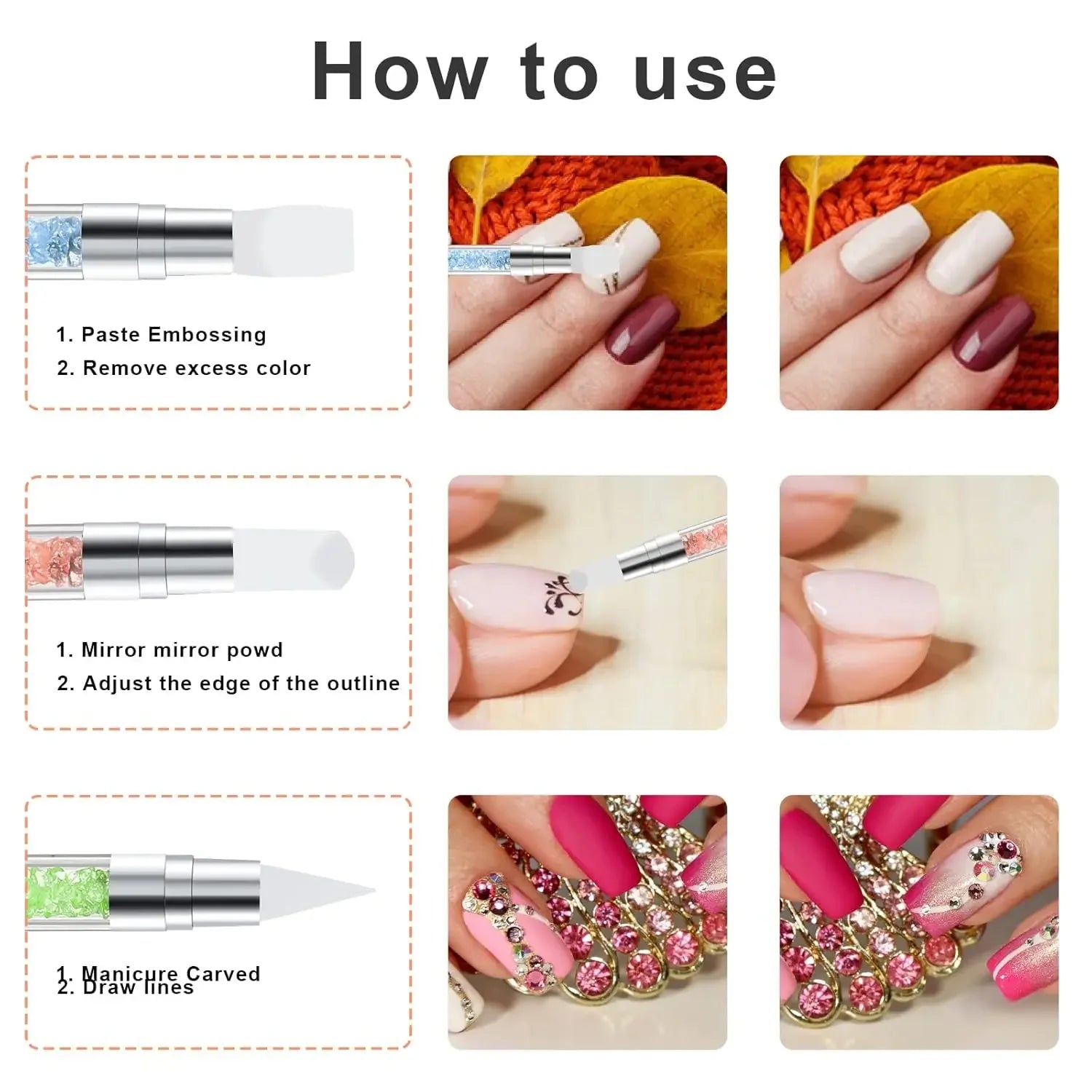 5-Pc Multi-Function Nail Art Pen Set with Dual-Ended Silicone Brushes for Resin, Foil Carving, Drawing, and Shaping.