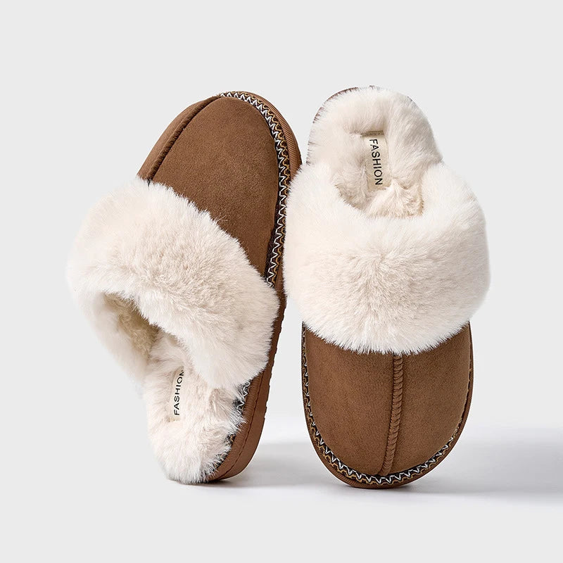 Comwarm Warm Fuzzy Cotton Slippers For Women Indoor Non-slip Faux Fur Collar Fluffy Slides Winter Soft Comfort Plush House Shoes
