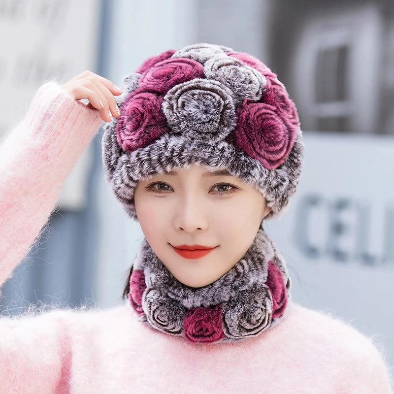 Winter Knitted 100% Natural Fur Hats Scarves Sets Women Warm Real Rex Rabbit Fur Hat Scarf Lady Fashiom Thick Rex Rabbit Fur Hat