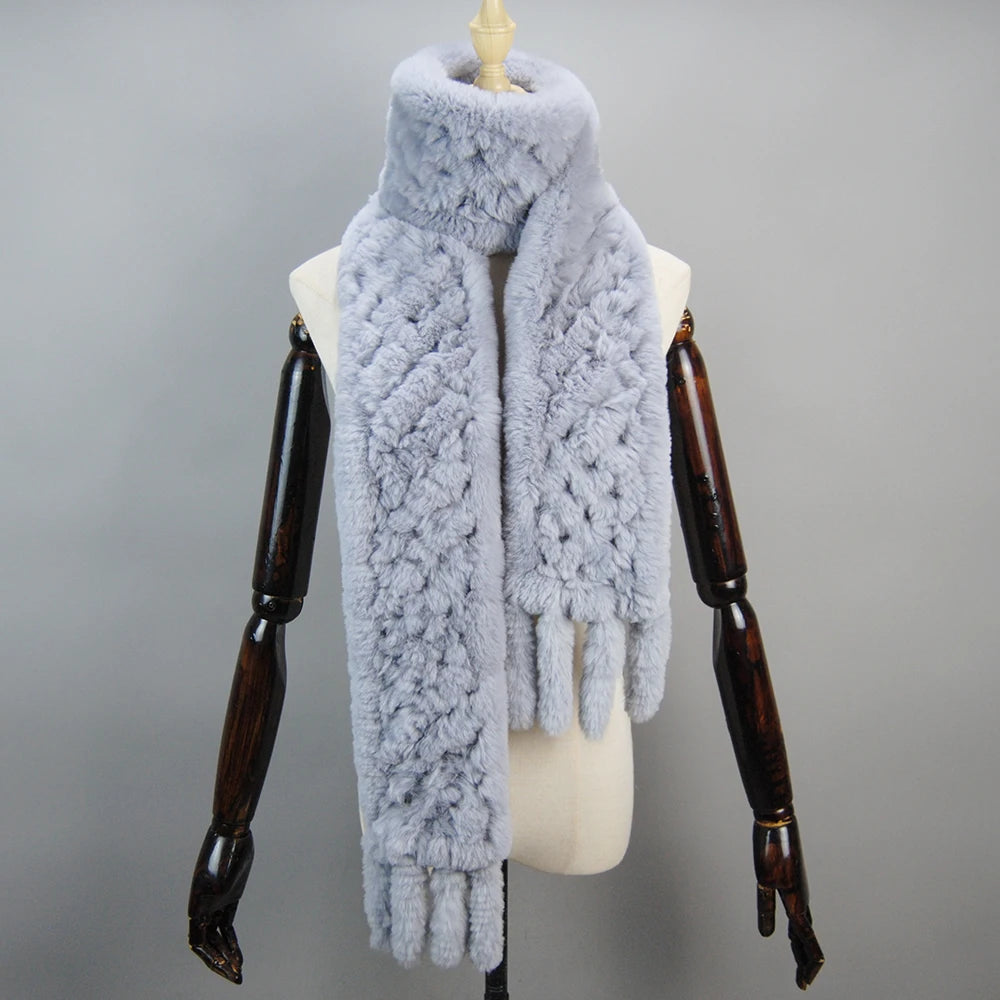 2025 Long Style Women Winter Real Rex Rabbit Fur Scarf Natural Rex Rabbit Fur Scarves Lady Knitted Rex Rabbit Fur Ring Scarves