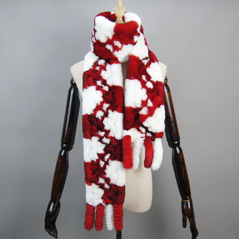 2025 Long Style Women Winter Real Rex Rabbit Fur Scarf Natural Rex Rabbit Fur Scarves Lady Knitted Rex Rabbit Fur Ring Scarves