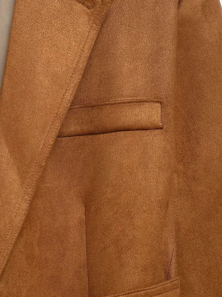 Women's Vintage Solid Elegant Blazer Suede Fashion 2025 Autumn Office Lady Sashes Chic Loose Chic Streetwear Mujer Outwear