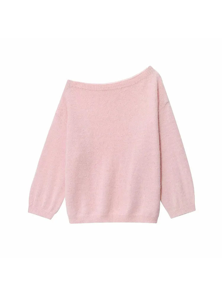 Women's Fashionable Lazy Pink One Shoulder Sweater 2025 Autumn New Design Sense Knitted Sweater Loose Top Female Clothing