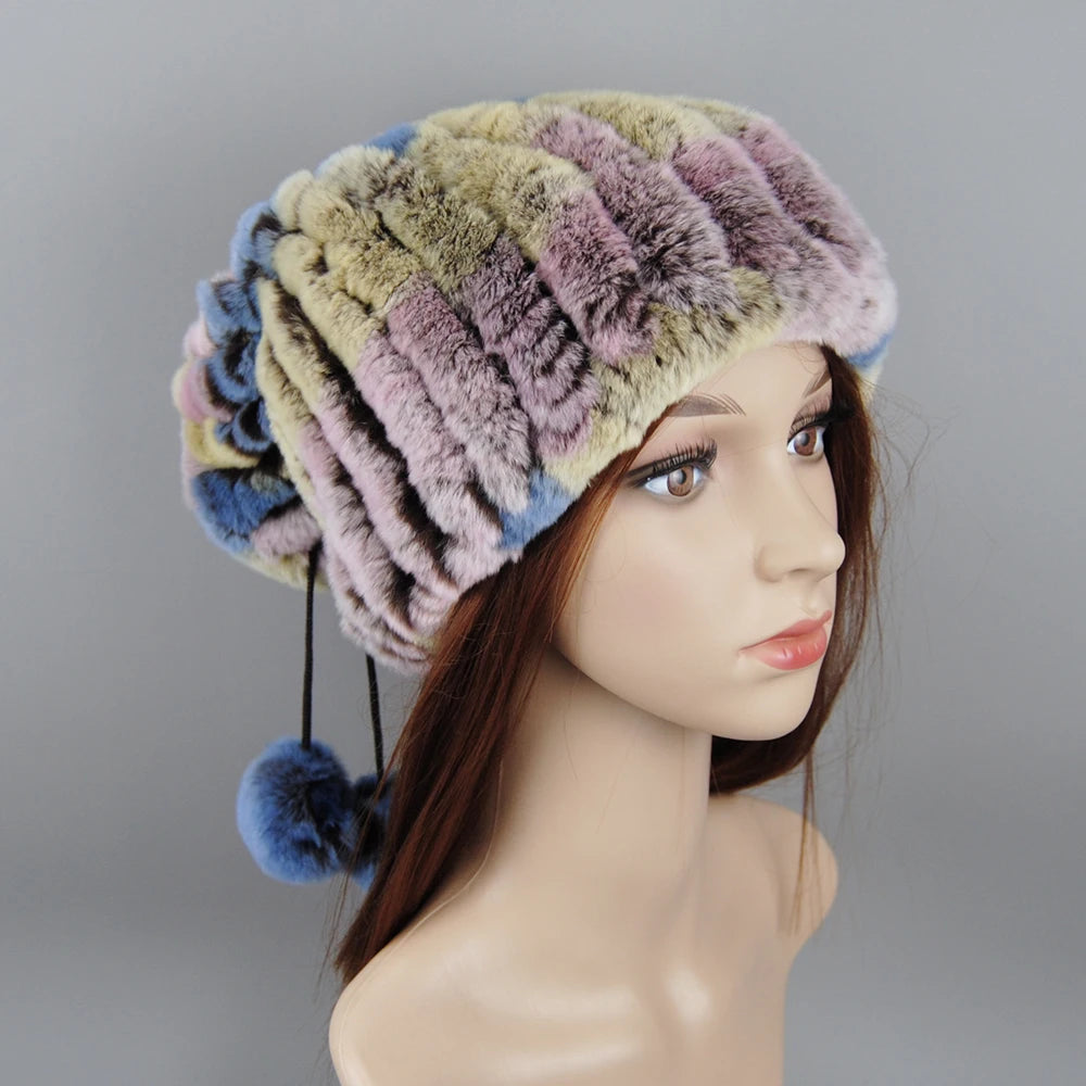 Winter Luxury Women Real Natural Rex Rabbit Fur Hats Fashion Lady Knitted Genuine Fur Caps Russian Outdoor Warm Fur Hats Beanies