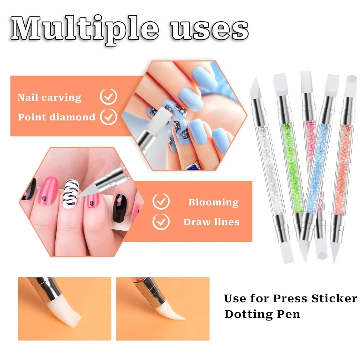 5-Pc Multi-Function Nail Art Pen Set with Dual-Ended Silicone Brushes for Resin, Foil Carving, Drawing, and Shaping.
